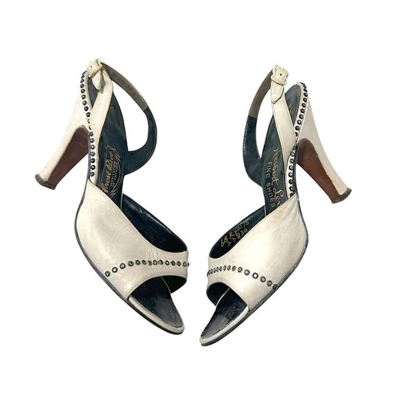 Vintage 1950s Herbert Levine White Leather Studded Slingback Heels Size 6B - Picture 9 of 16
